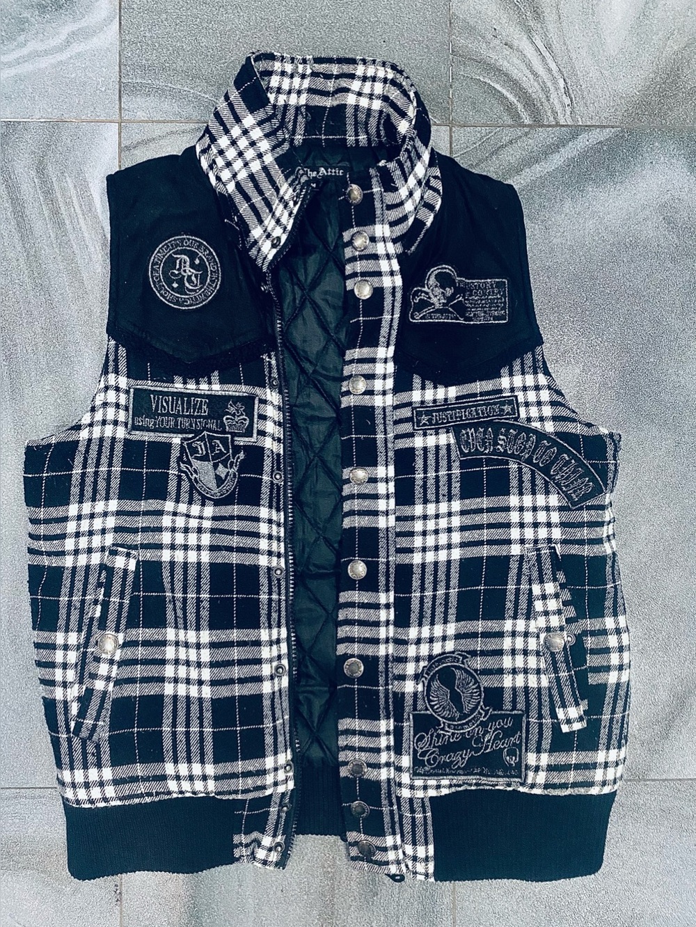 Vintage Rare Y2K Harajuku Punk In The Attic Plaid Quilted Down Vest Skull M